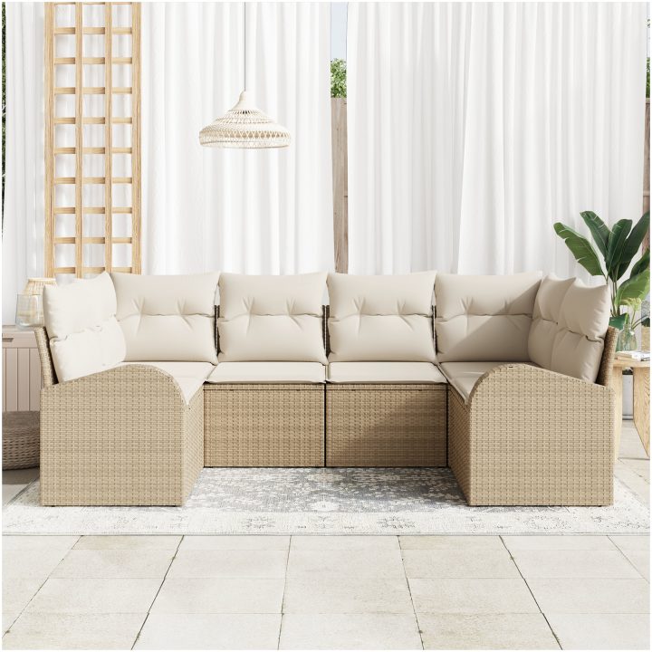 6-delad trädgårdsoffa med kuddar beige poly rotting vidaXL 234 x 124 x 85 cm – bild 3