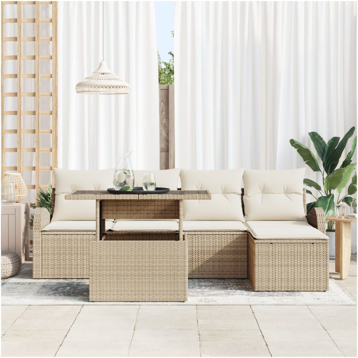 6-delad trädgårdsoffa med kuddar i beige polyrotting vidaXL 100 x 55 x 73 cm – bild 3