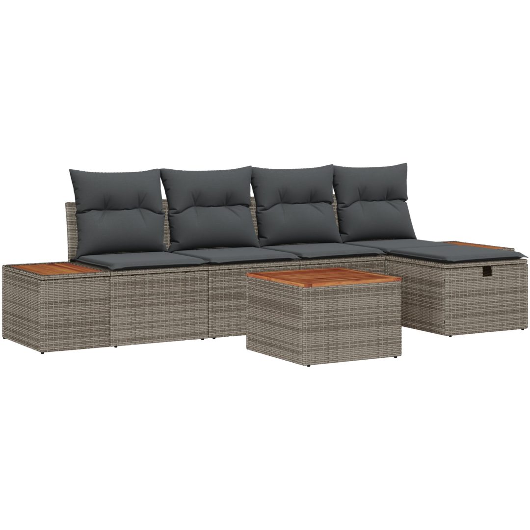 6-delad trädgårdsoffa med kuddar i grå poly rattan vidaXL 55 x 55 x 37 cm – bild 2