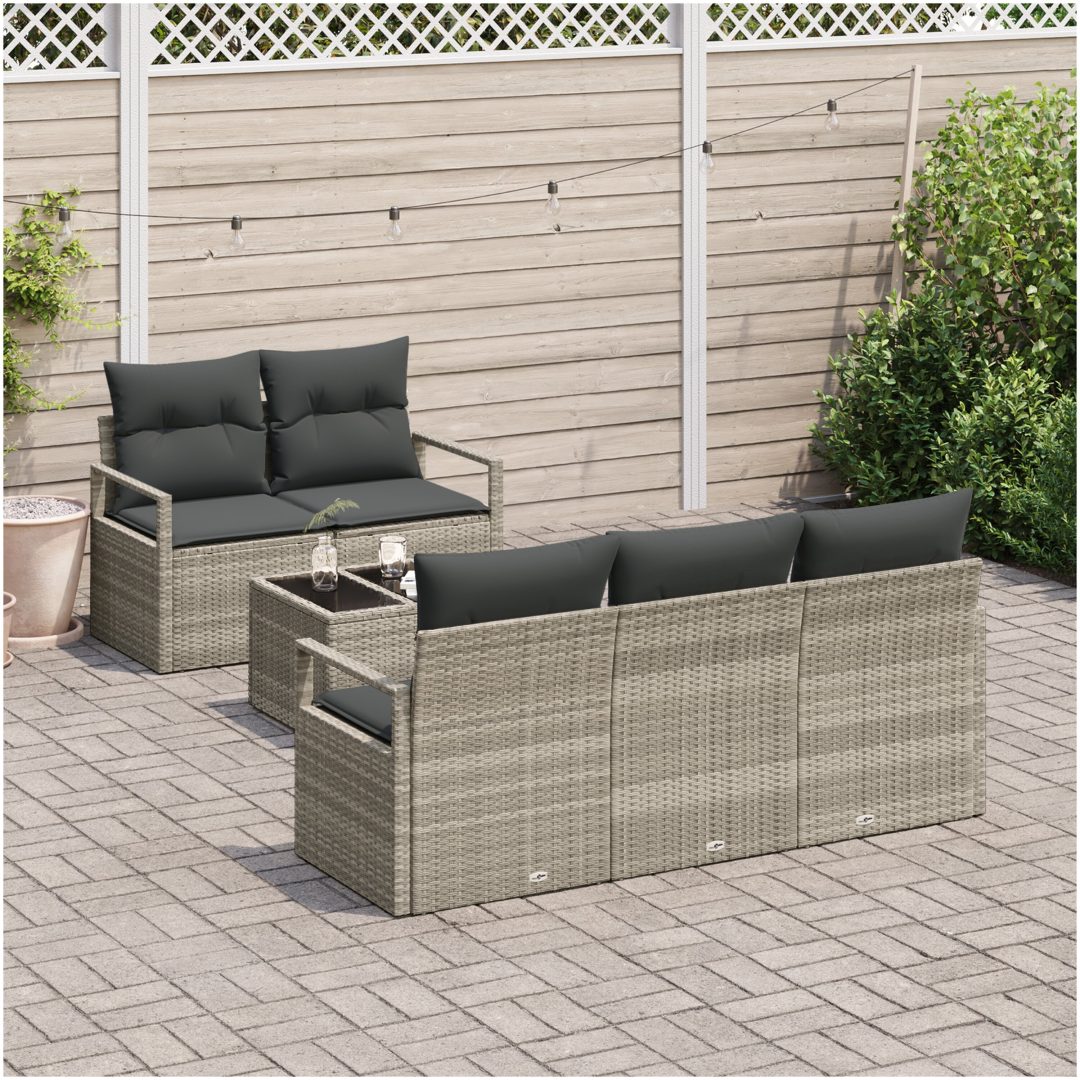 6-delad trädgårdsoffa med kuddar Ljusgrå Poly Rattan vidaXL 4 - Sits – bild 3