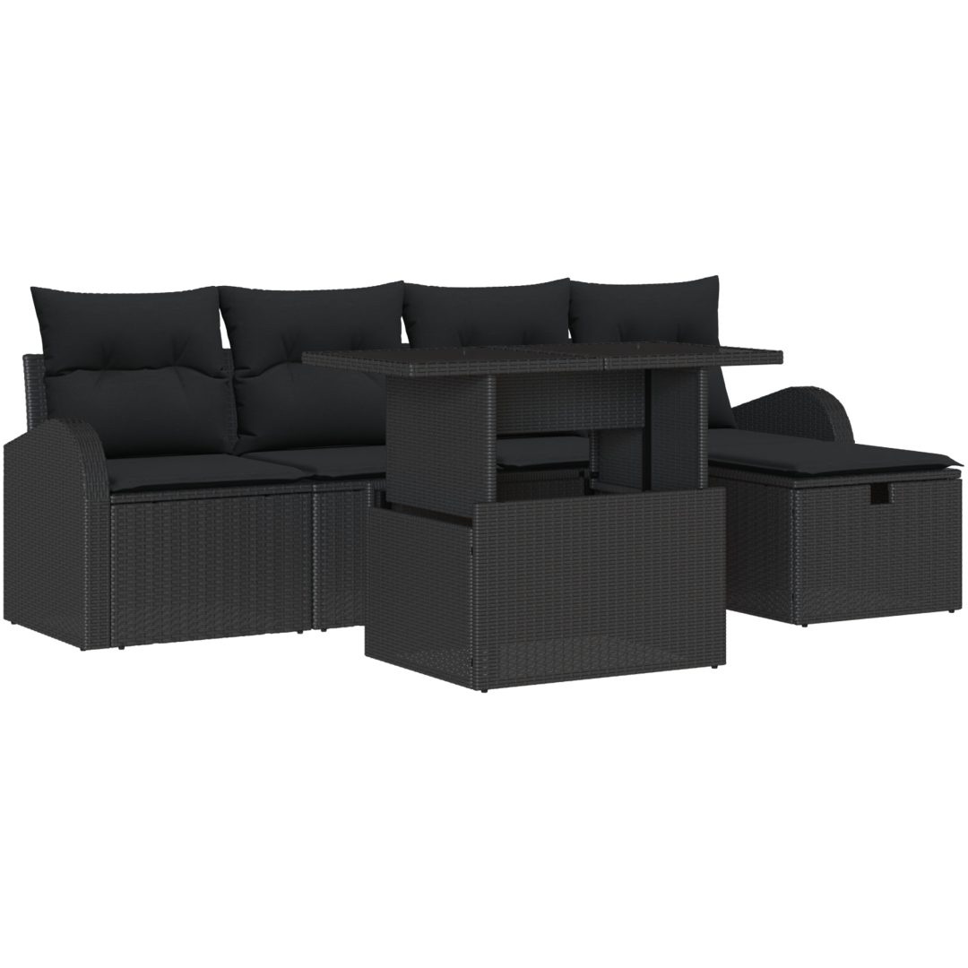 6-delad trädgårdsoffa med kuddar svart poly rotting vidaXL Medium – bild 2