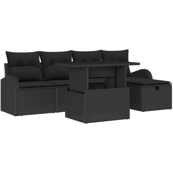 6-delad trädgårdsoffa med kuddar svart poly rotting vidaXL Medium – bild 2