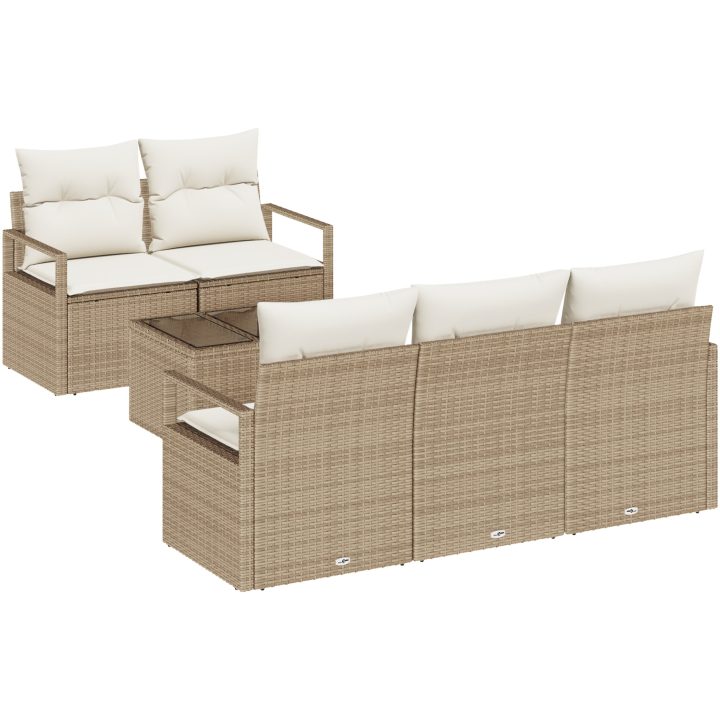6-delad trädgårdsoffagrup med kuddar beige poly rattan vidaXL Standard – bild 2