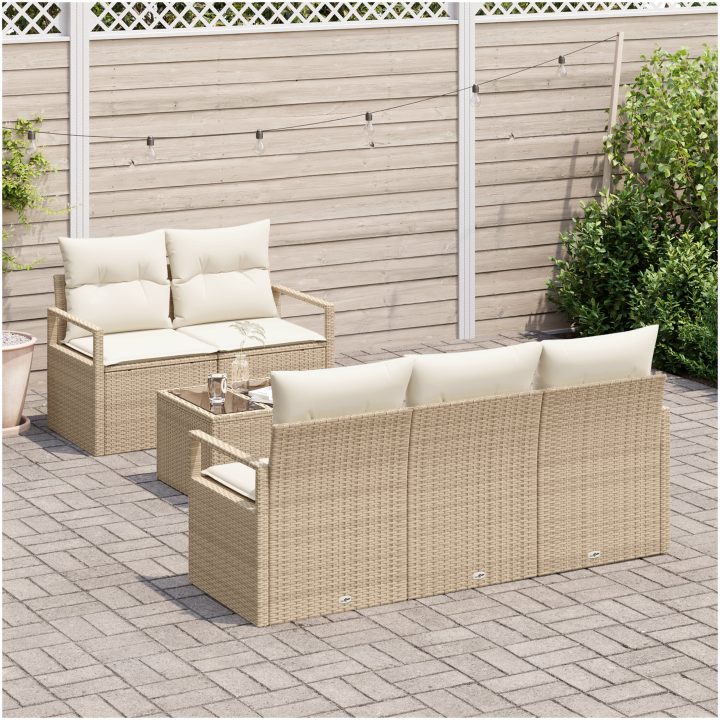 6-delad trädgårdsoffagrup med kuddar beige poly rattan vidaXL Standard – bild 3