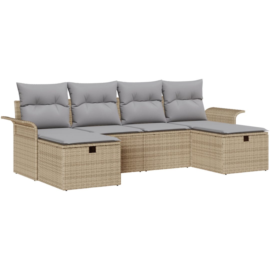 6-delad trädgårdsoffagrup med kuddar beige poly-rotting vidaXL 251 x 117 x 85 cm – bild 2