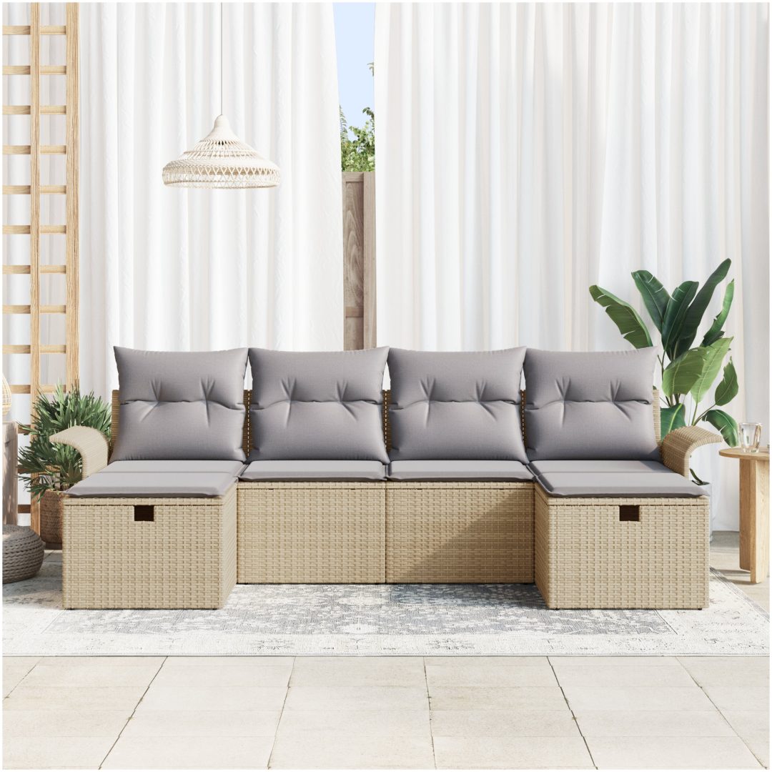 6-delad trädgårdsoffagrup med kuddar beige poly-rotting vidaXL 251 x 117 x 85 cm – bild 3