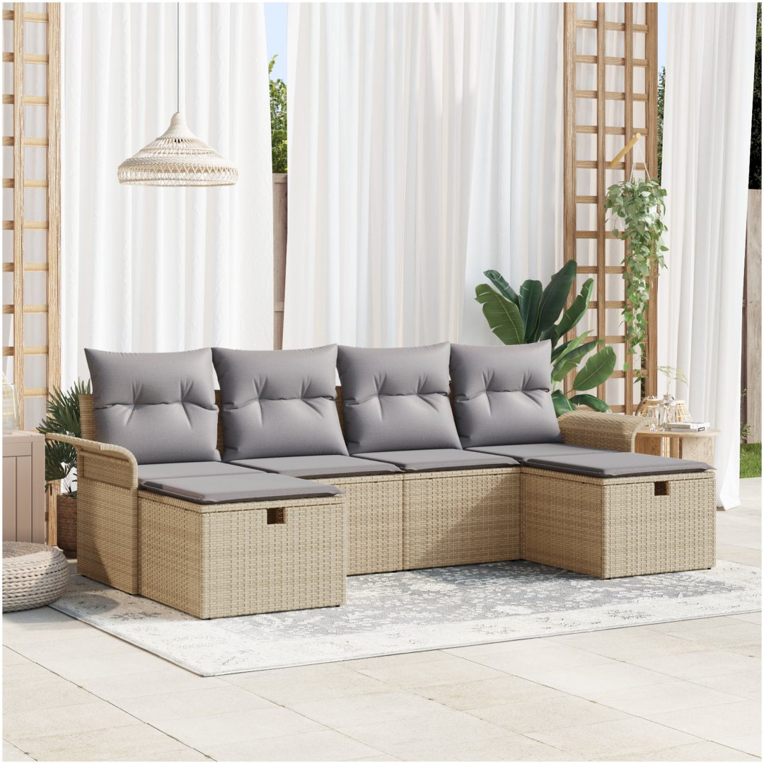 6-delad trädgårdsoffagrup med kuddar beige poly-rotting vidaXL 251 x 117 x 85 cm