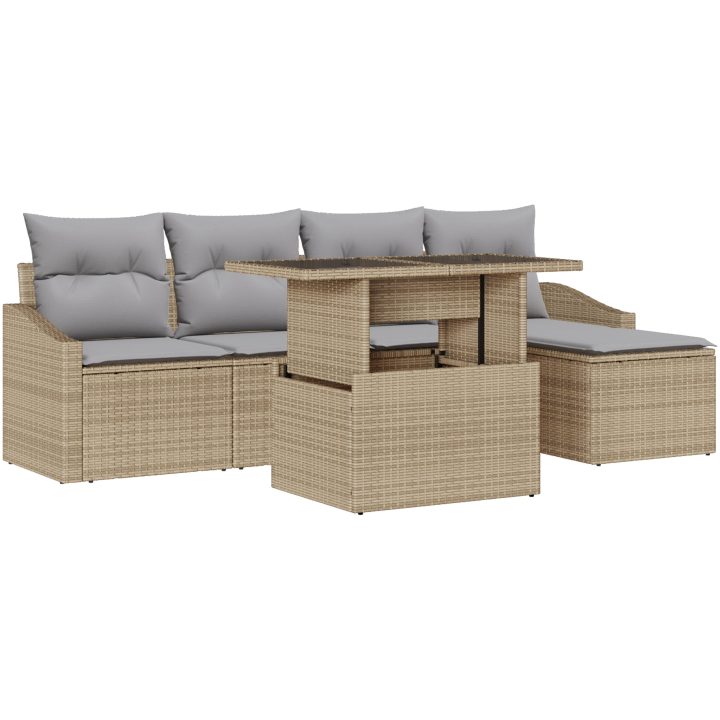 6-delad trädgårdsoffagrupp i beige konstrotting med kuddar vidaXL 100 x 55 x 73 cm – bild 2