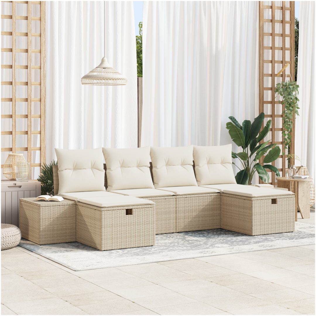 6-delad trädgårdsoffagrupp med beige kuddar i polyrotting vidaXL 55 x 62 x 69 cm