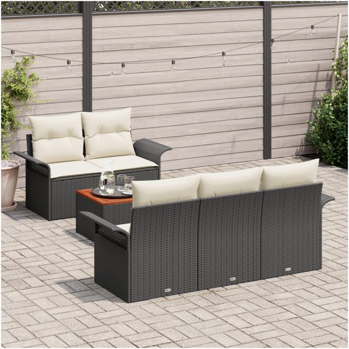 6-delad Trädgårdsoffagrupp med dynor Svart Poly Rattan Akacia vidaXL 55 x 55 x 37 cm – bild 3