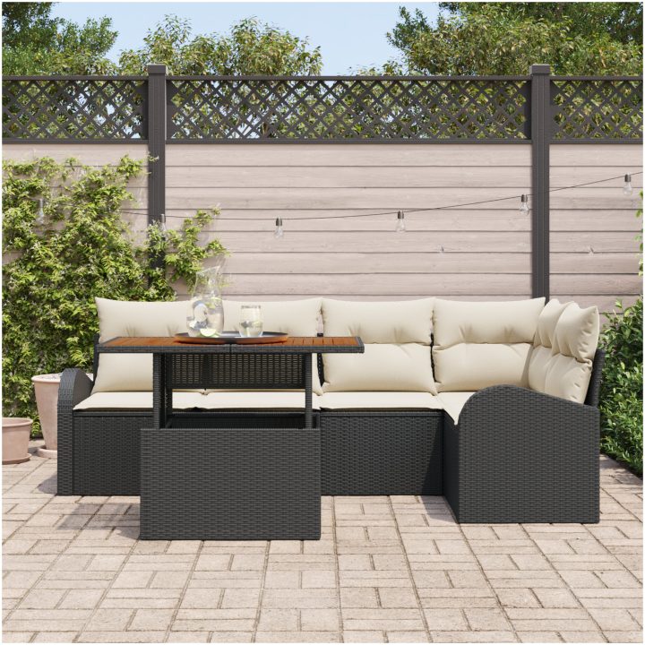 6-delad trädgårdsoffagrupp med dynor Svart Poly Rattan vidaXL Stor – bild 3
