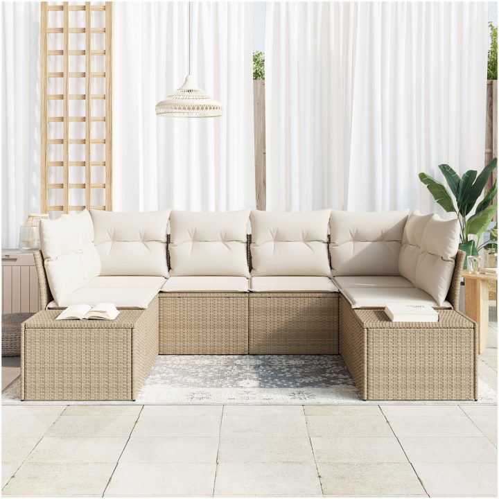 6-delad Trädgårdsoffagrupp med Kuddar Beige Poly Rattan vidaXL 234 x 154 x 69 cm – bild 3