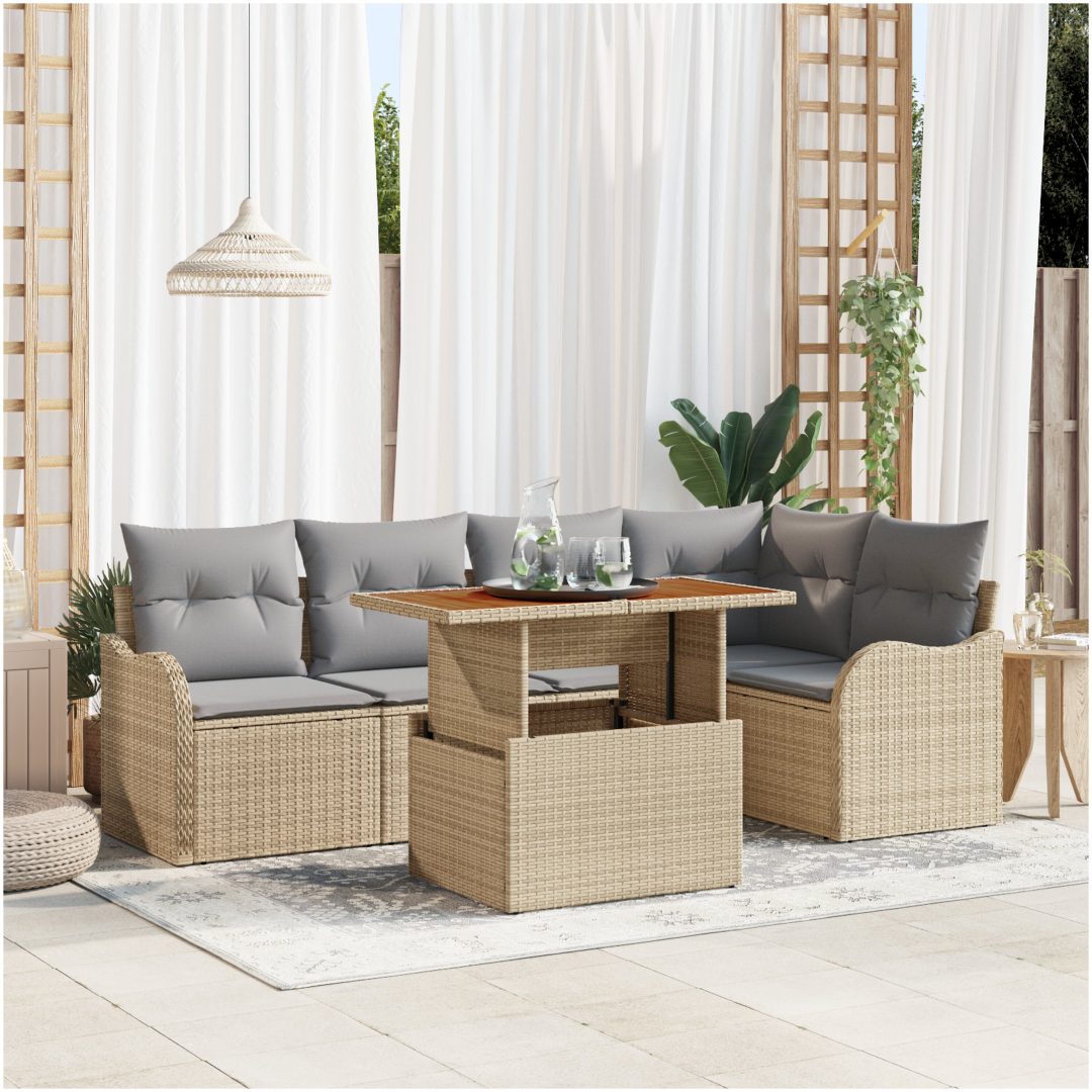 6-delad trädgårdsoffagrupp med kuddar beige poly rotting akacia vidaXL Enkel, 121 x 62 x 69 cm, 100 cm x 55 cm x 73 cm