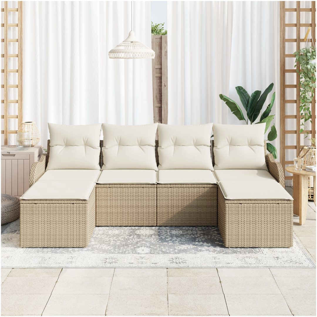 6-delad trädgårdsoffagrupp med kuddar Beige Poly Rotting vidaXL Stor – bild 3
