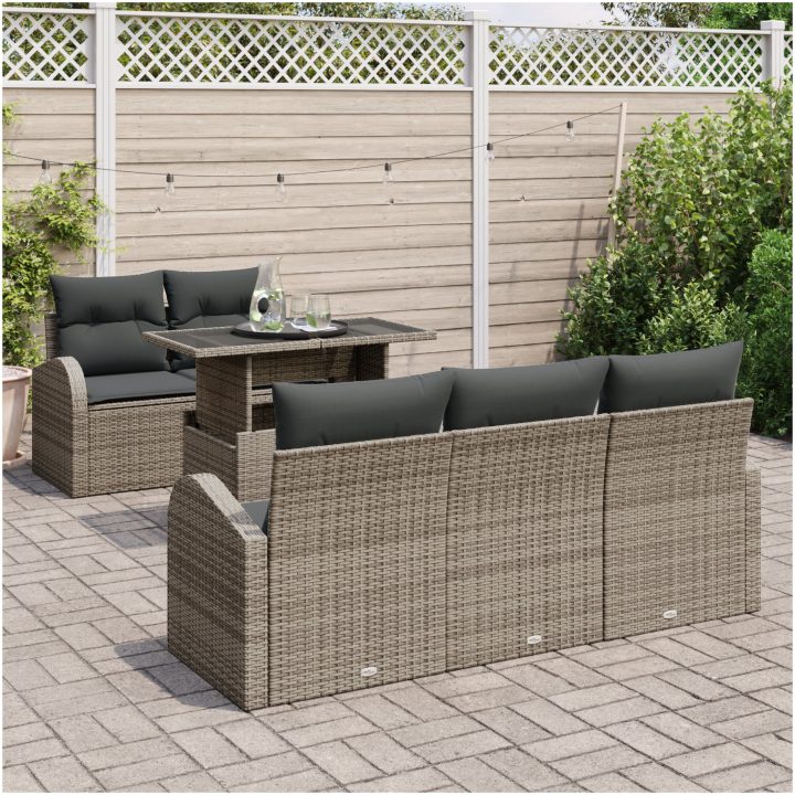 6-delad trädgårdsoffagrupp med kuddar grå poly rattan vidaXL Medium – bild 3