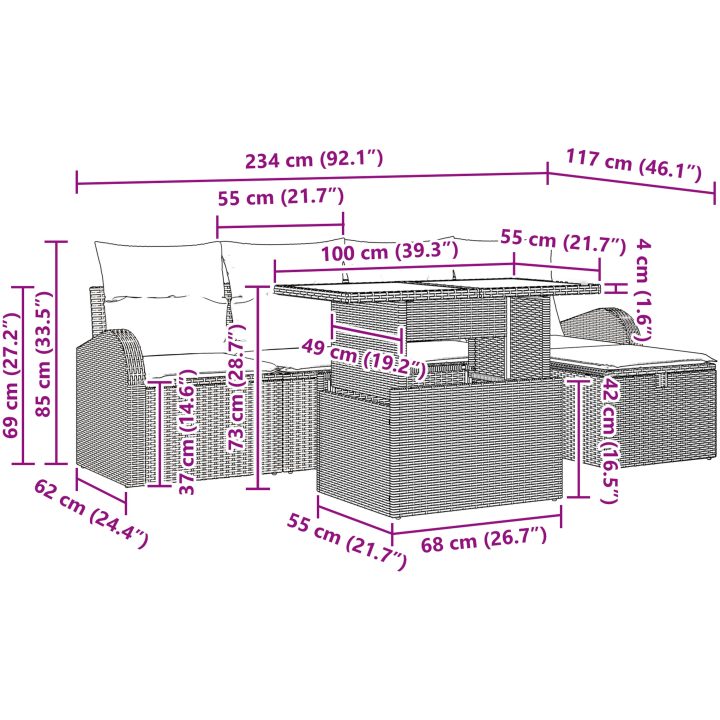 6-delad trädgårdsoffagrupp med kuddar Grå Poly Rotting vidaXL 100 x 55 x 73 cm – bild 12