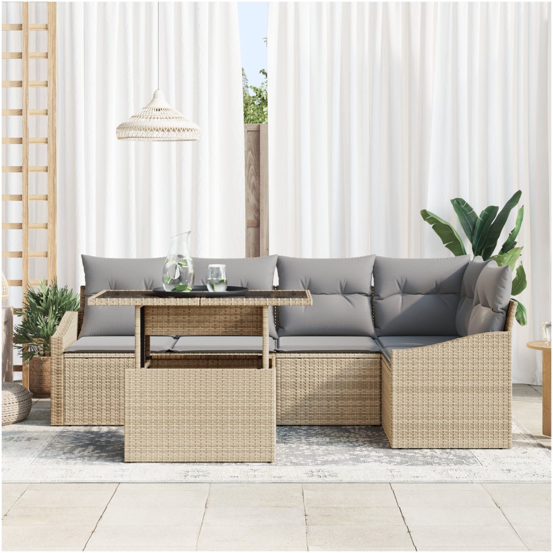6-delad trädgårdsoffagrupp med kuddar i beige polyrotting vidaXL 100 x 55 x 73 cm – bild 3