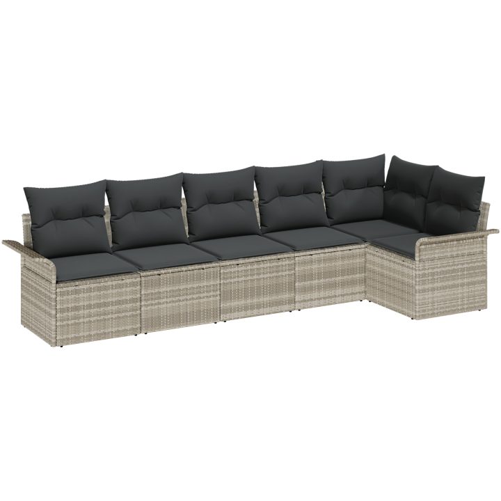 6 Delad Trädgårdsoffagrupp med Kuddar Ljusgrå Poly Rattan vidaXL Medium – bild 2