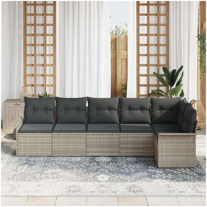 6 Delad Trädgårdsoffagrupp med Kuddar Ljusgrå Poly Rattan vidaXL Medium – bild 3