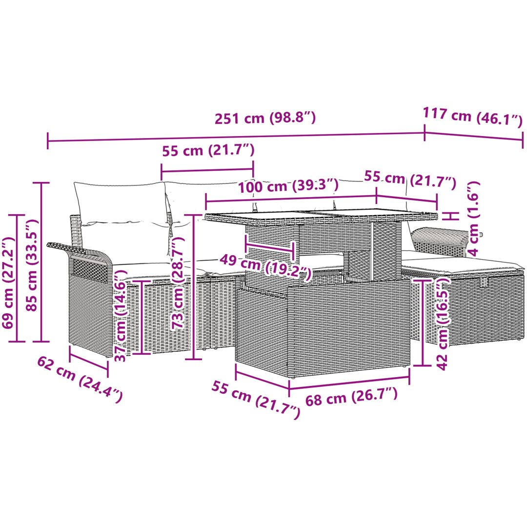 6-delad Trädgårdsoffagruppe med kuddar Ljusgrå Poly Rattan vidaXL 100 x 55 x 73 cm – bild 12