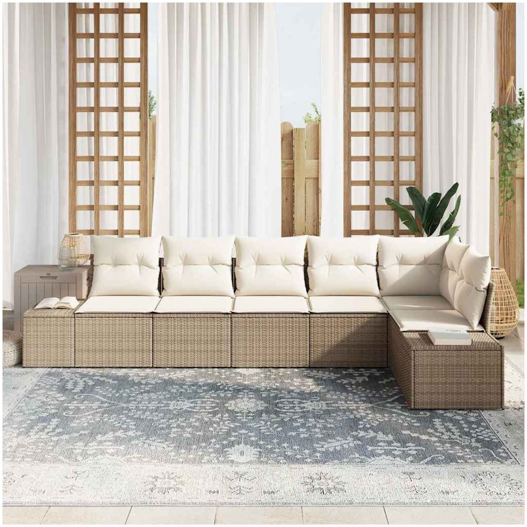 6-delad trädgårdsoffas med beige kuddar i polyrotting vidaXL 319 x 154 x 85 cm – bild 3
