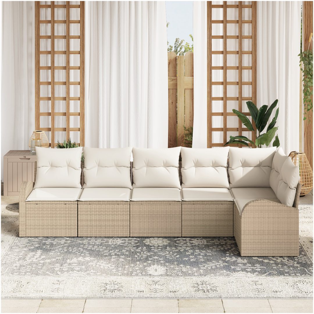 6 Delad Trädgårdsoffasats med Kuddar Beige Poly Rattan vidaXL Stor – bild 3