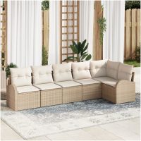 6 Delad Trädgårdsoffasats med Kuddar Beige Poly Rattan vidaXL