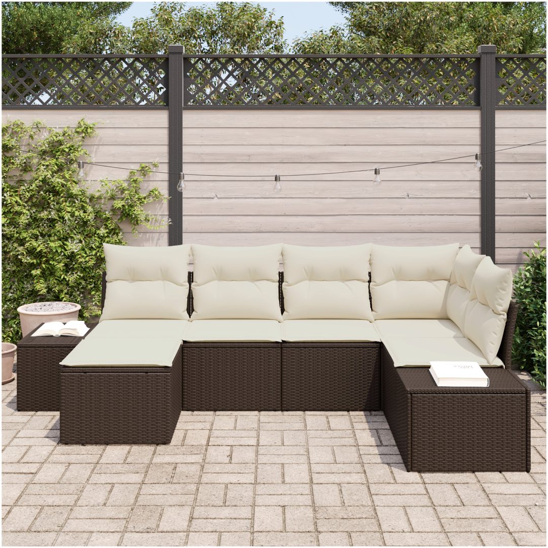 6-delad Trädgårdsoffasats med kuddar Brun Poly Rattan vidaXL 184 x 62 x 85 cm – bild 3