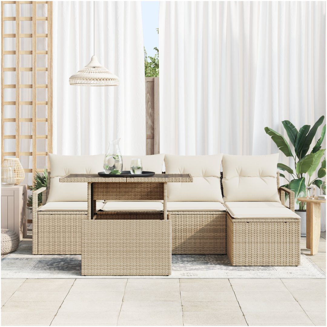 6-delad Trädgårdsoffaset med Kuddar Beige Poly Rotting vidaXL Medium – bild 3