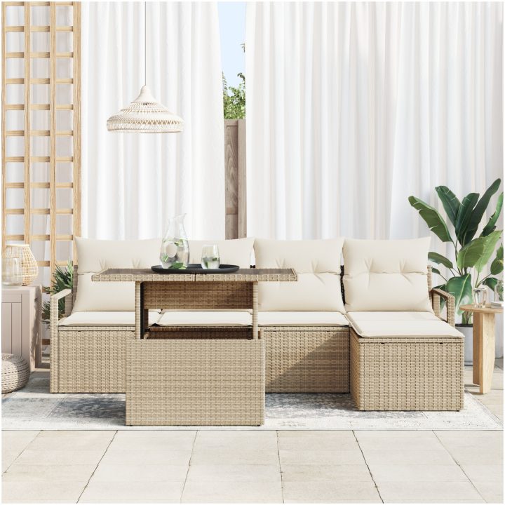 6-delad Trädgårdsoffaset med Kuddar Beige Poly Rotting vidaXL Medium – bild 3