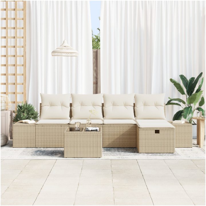 6-delad trädgårdsoffaset med kuddar i beige polyrotting vidaXL 55 x 55 x 37 cm – bild 3