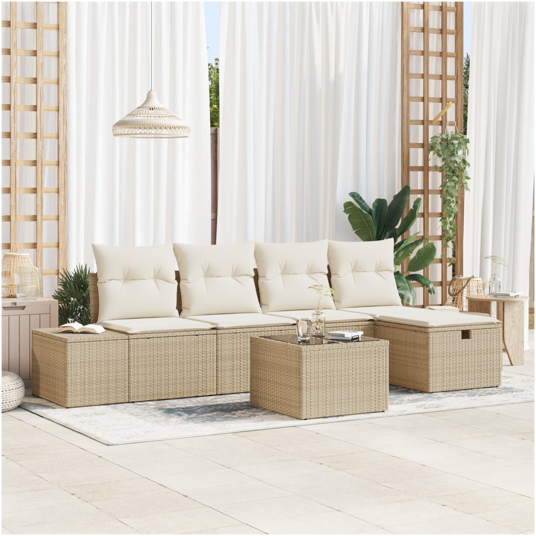6-delad trädgårdsoffaset med kuddar i beige polyrotting vidaXL 55 x 55 x 37 cm