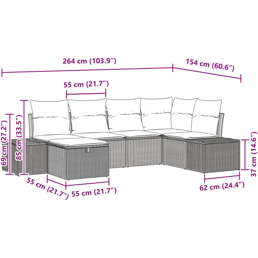 6-delad trädgårdsoffaset med kuddar svart poly-rattan vidaXL 264 x 154 x 85 cm – bild 10