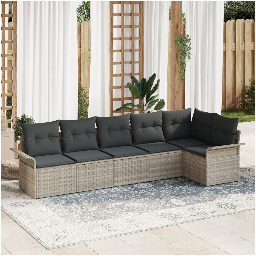 6-delad trädgårdsoffaset med ljusgråa kuddar i polyrotting vidaXL 297,5 x 132,5 x 85 cm