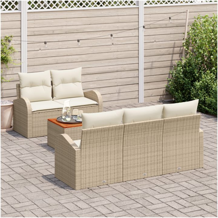 6-delad trädgårdsoffasett med kuddar beige poly rotting akacia vidaXL 55 x 55 x 37 cm – bild 3