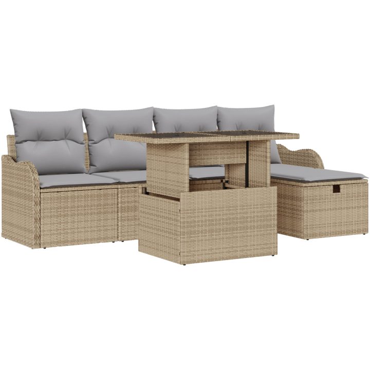 6-delad trädgårdsoffasett med kuddar beige polyrotting vidaXL Enkel, en storlek, 121 x 62 x 69 cm, mellan – bild 2
