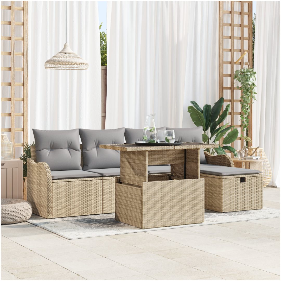 6-delad trädgårdsoffasett med kuddar beige polyrotting vidaXL Enkel, en storlek, 121 x 62 x 69 cm, mellan