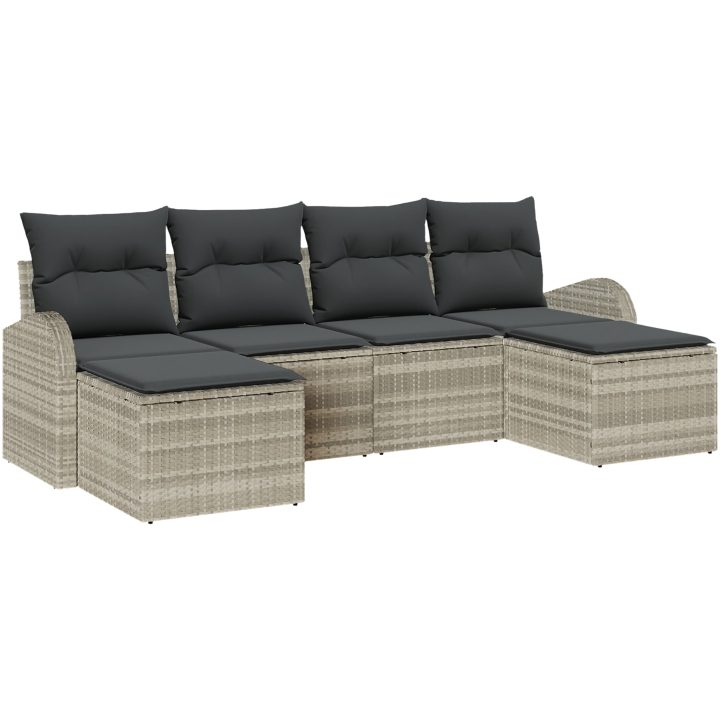 6-delad trädgårdsoffasett med kuddar Ljusgrå Poly Rattan vidaXL 234 x 117 x 85 cm – bild 2