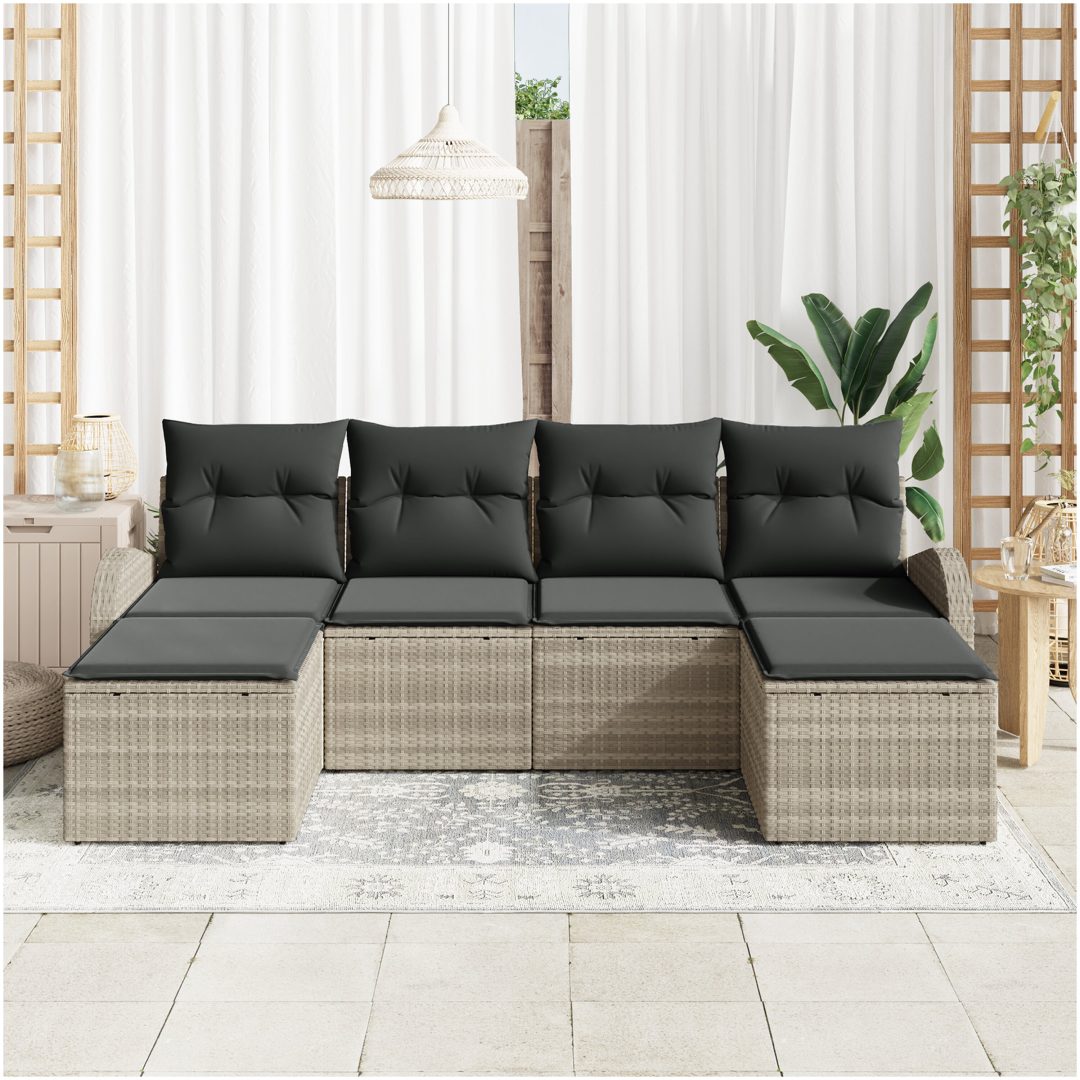 6-delad trädgårdsoffasett med kuddar Ljusgrå Poly Rattan vidaXL 234 x 117 x 85 cm – bild 3