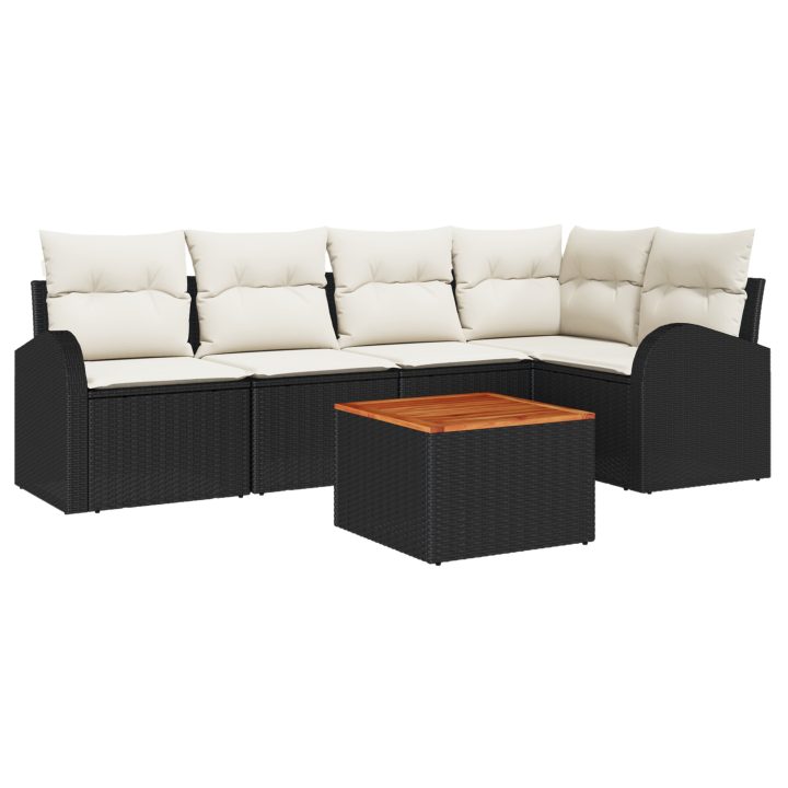 6-delad Trädgårdsoffasett med Kuddar Svart Poly Rattan Akacia vidaXL 55 x 55 x 37 cm – bild 2