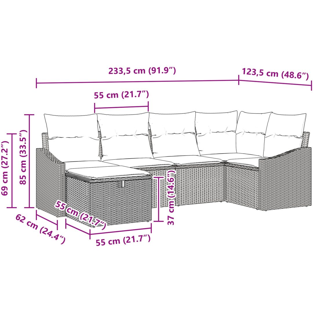 6-delad trädgårdsoffgrupp med dynor ljusgrå Poly Rattan vidaXL 55 x 55 x 37 cm – bild 10