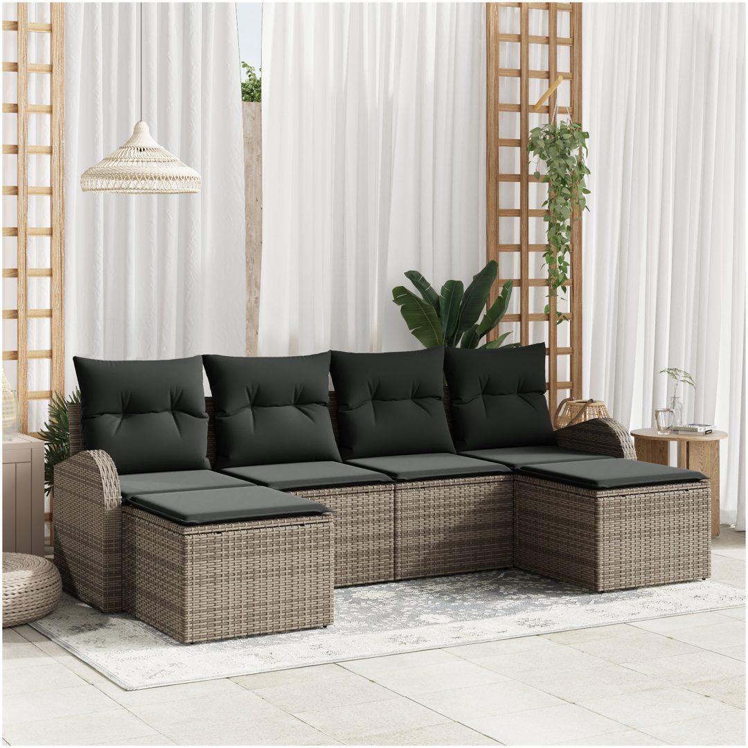 6-delad Trädgårdsoffgrupp med Kuddar Grå Poly Rattan vidaXL 234 x 117 x 85 cm