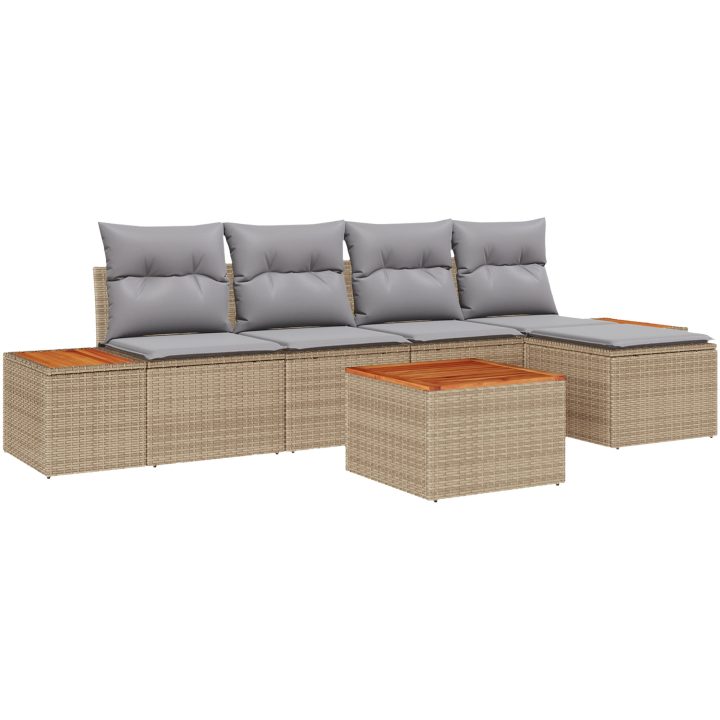 6 Delad Trädgårdsoffset med Dynor Beige Poly Rattan Akacia vidaXL 55 x 55 x 37 cm – bild 2