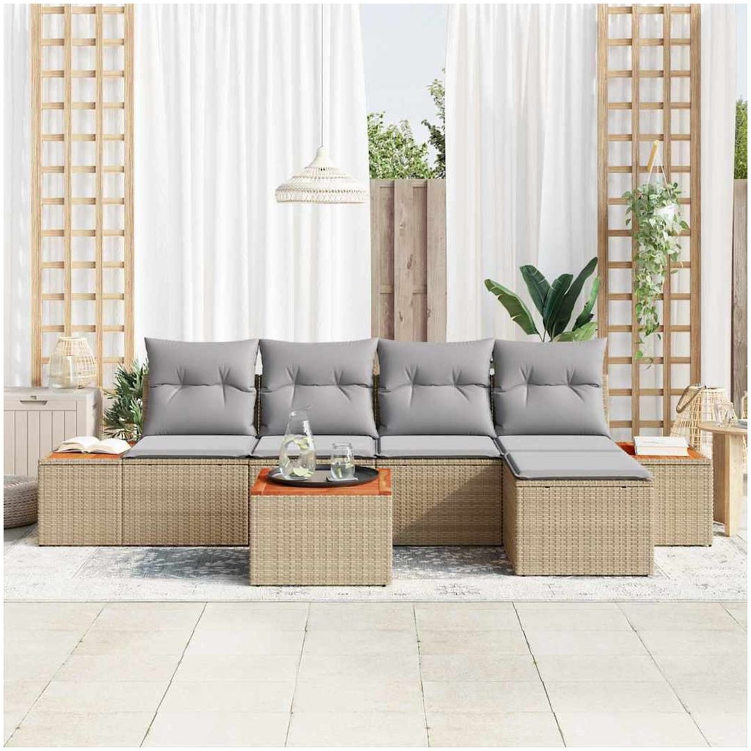 6 Delad Trädgårdsoffset med Dynor Beige Poly Rattan Akacia vidaXL 55 x 55 x 37 cm – bild 3