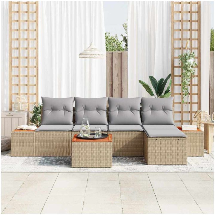 6 Delad Trädgårdsoffset med Dynor Beige Poly Rattan Akacia vidaXL 55 x 55 x 37 cm – bild 3