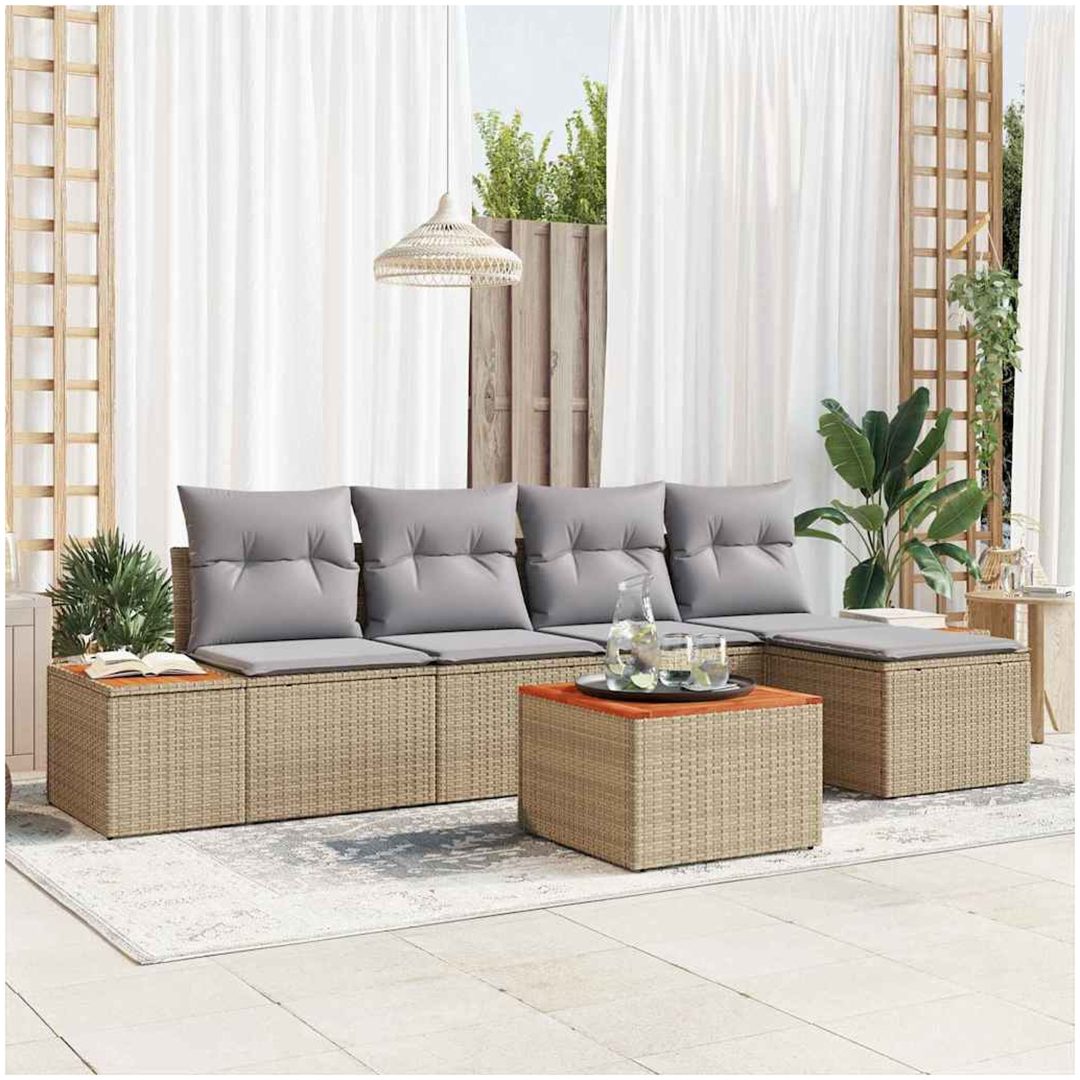 6 Delad Trädgårdsoffset med Dynor Beige Poly Rattan Akacia vidaXL 55 x 55 x 37 cm