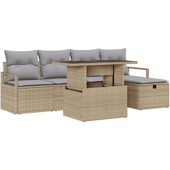 6-delad trädgårdsoffset med kuddar Beige Poly-rattan vidaXL Standard – bild 2