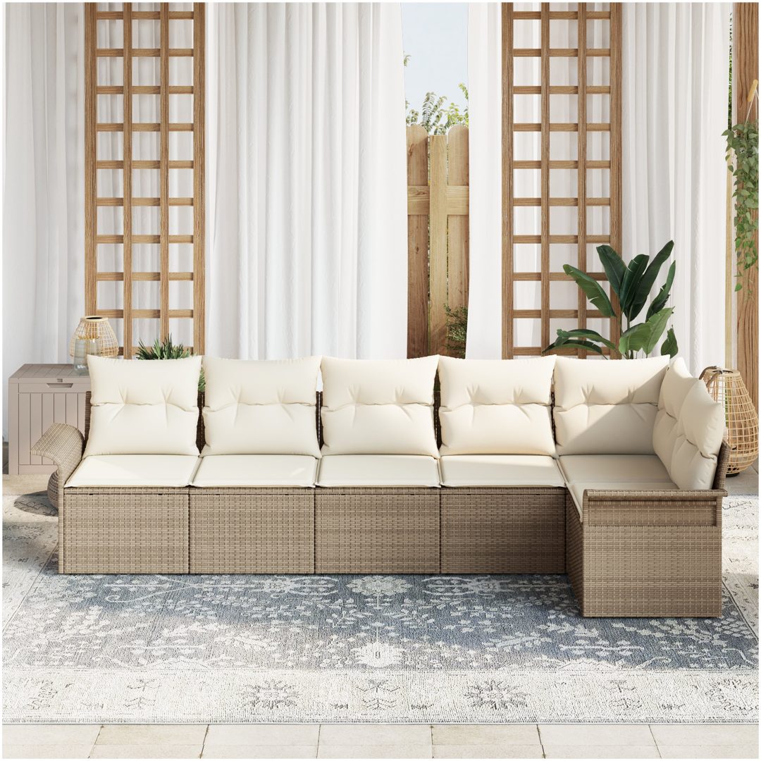 6-delad Trädgårdsoffset med Kuddar Beige Poly Rattan vidaXL Stor – bild 3