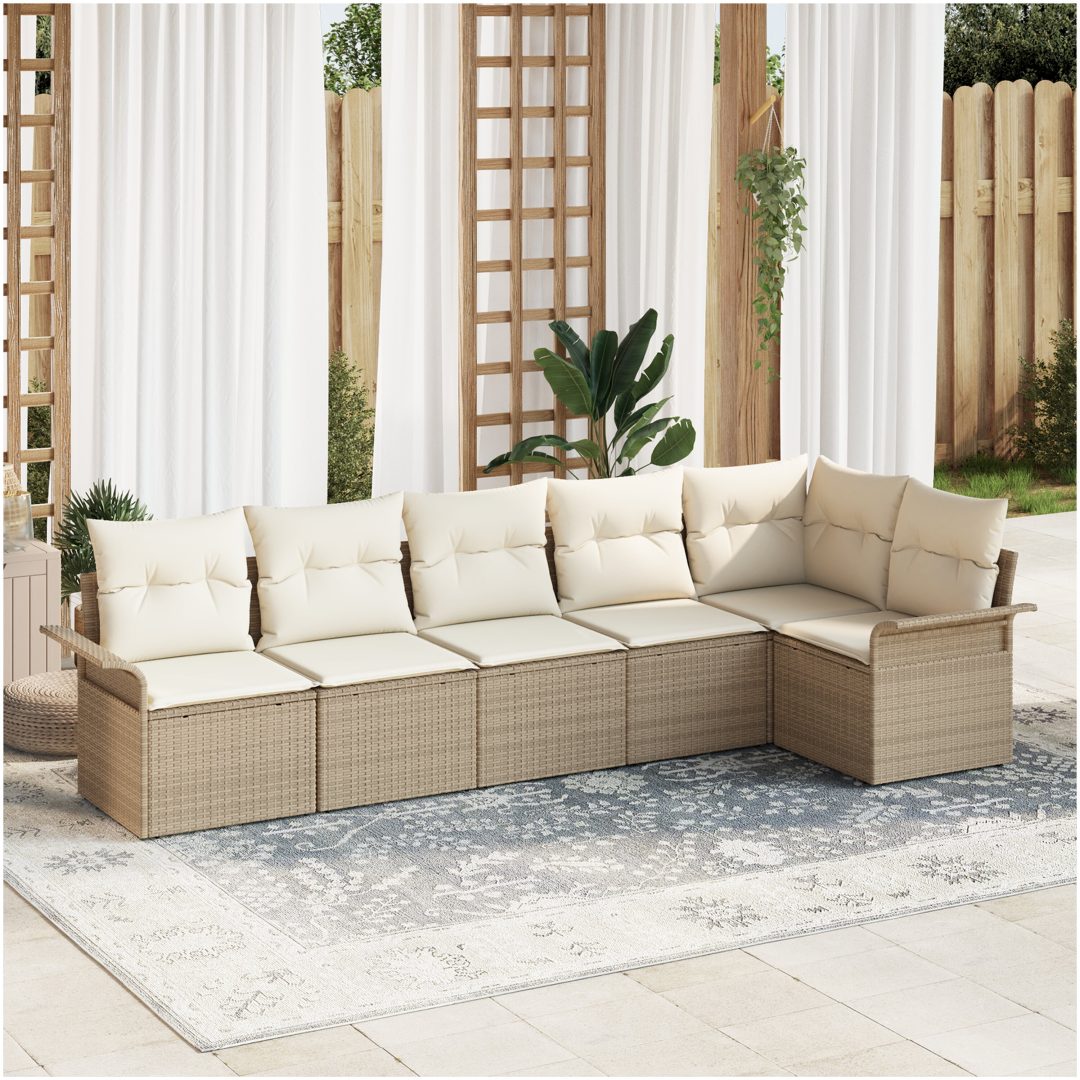 6-delad Trädgårdsoffset med Kuddar Beige Poly Rattan vidaXL Stor