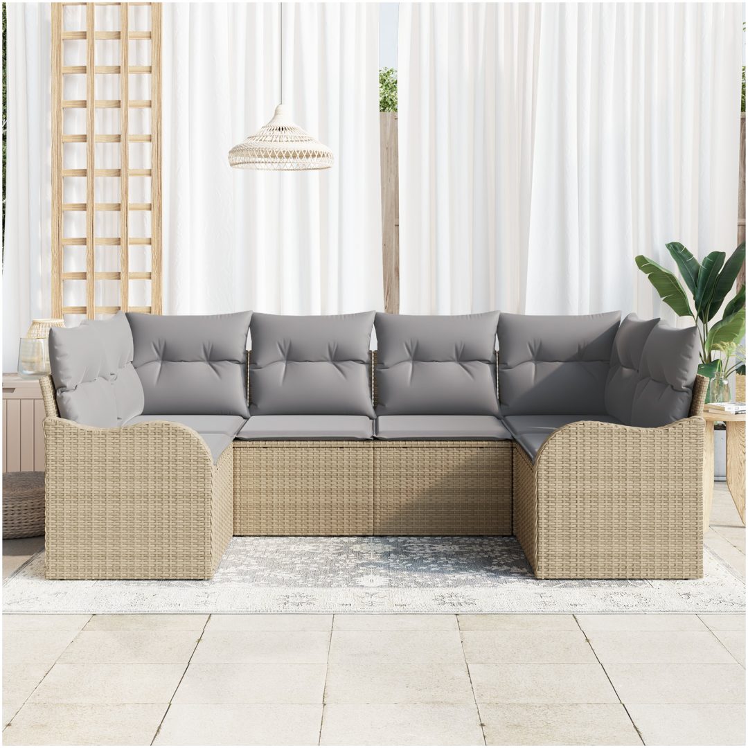 6-delad trädgårdsoffset med kuddar beige poly rotting vidaXL Stor – bild 3
